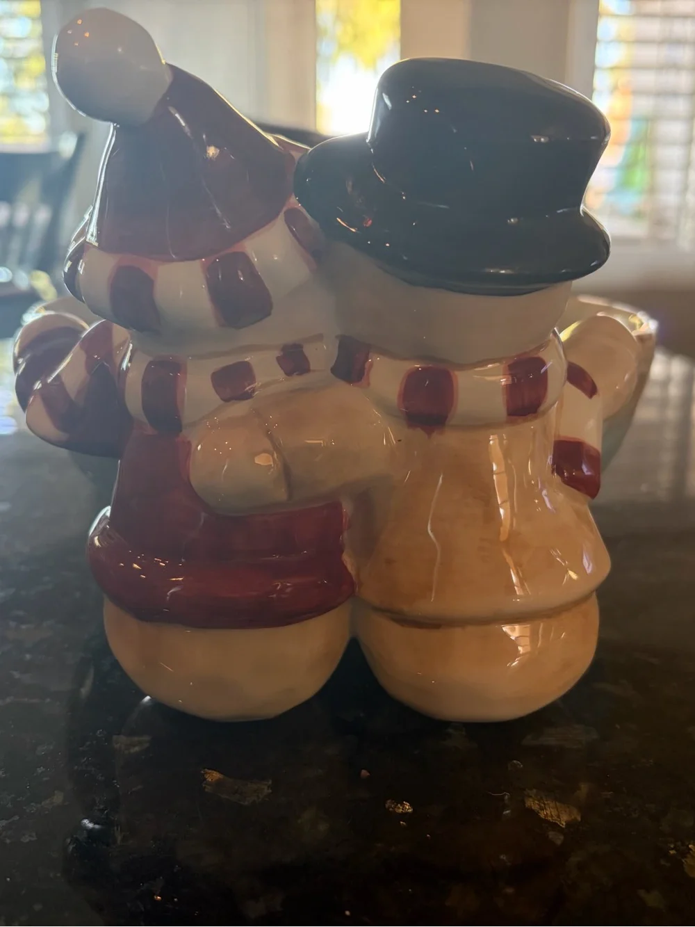 Christmas Holiday Snowman Ceramic Cookie Jar and Candy Bowl Set - LIKE NEW